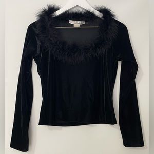 VTG Necessary Objects Y2K Feather Trim Collar Long Sleeve Velvet Top Black M